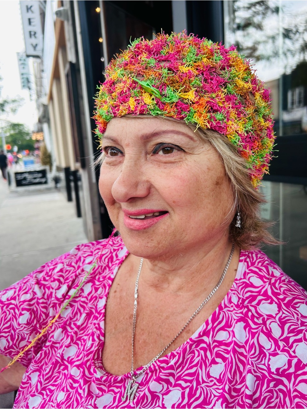 Hand Knitted Multicolor fuzzie Beanie - Vibrant Green/Pink/Yellow